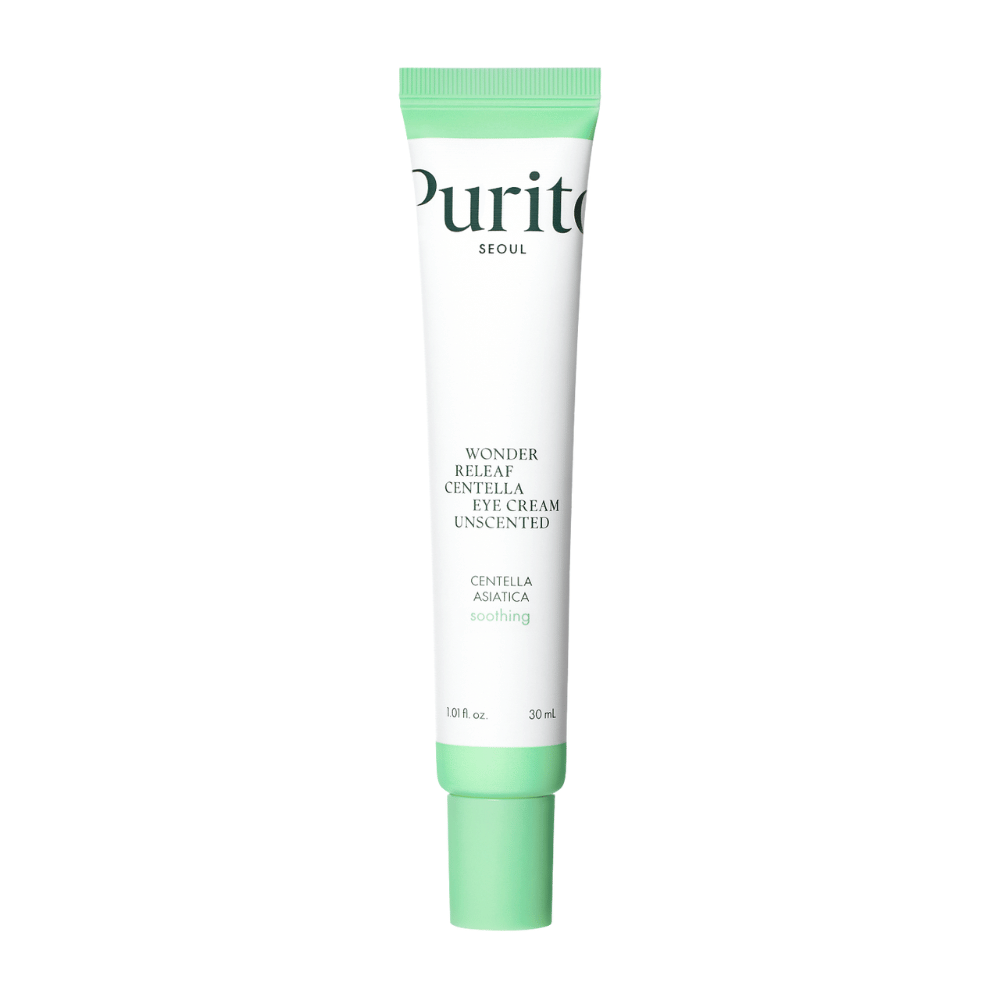 Purito Wonder Releaf Centella Eye Cream Unscented es una crema para ojos suave enriquecida con extracto de Centella Asiatica. Hidrata y calma la piel sensible alrededor de los ojos mientras fortalece la barrera de la piel y minimiza las líneas finas. Perfecta para piel sensible.