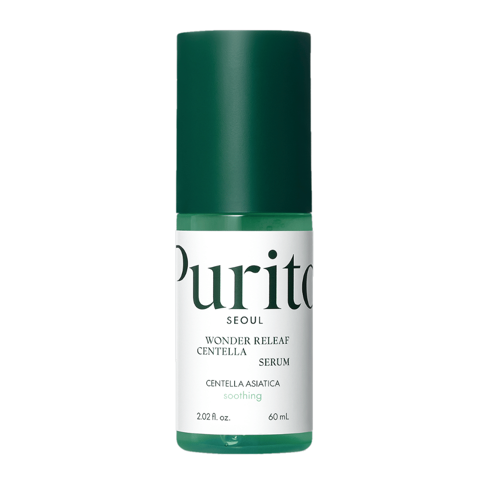 Purito Wonder Releaf Centella Serum en una botella verde y blanca con 60 ml de contenido, centrada sobre un fondo blanco.