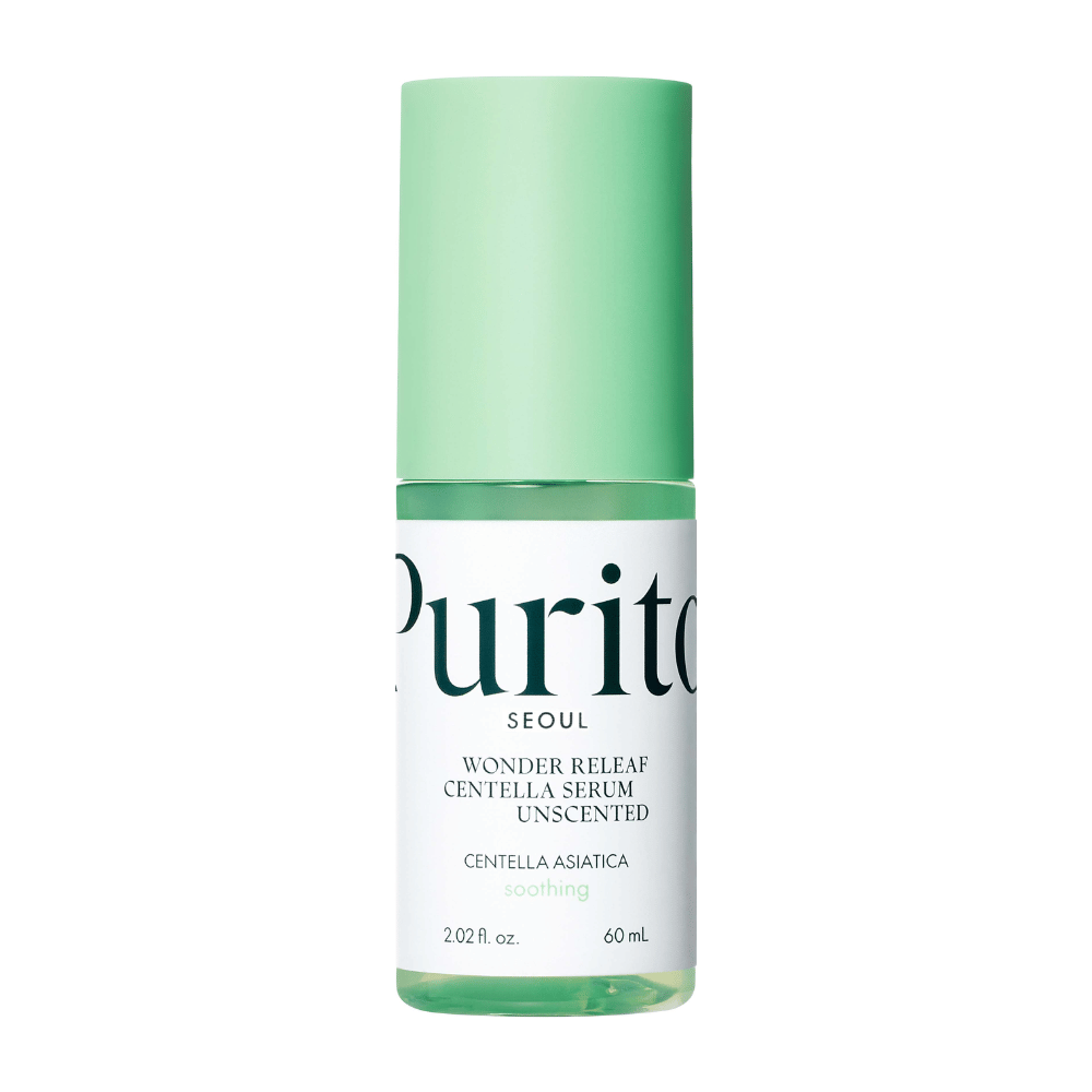 Botella cerrada de Purito Wonder Releaf Centella Serum, sin fragancia, contra un fondo blanco.
