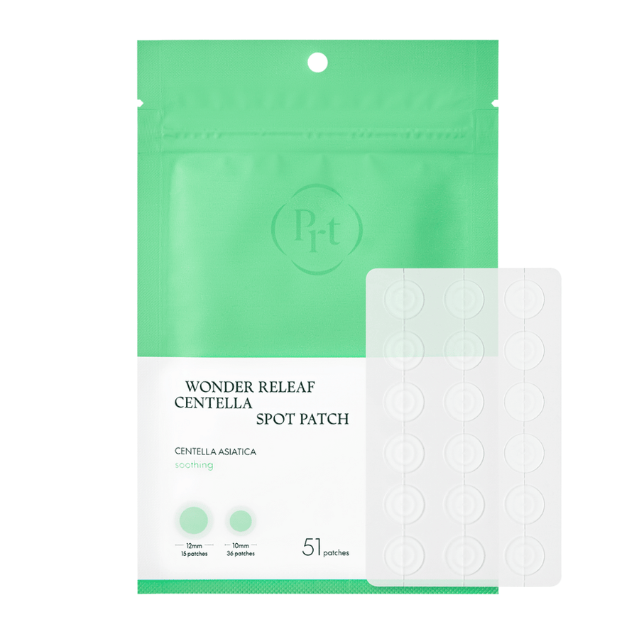 Imagen del producto de Purito Wonder Releaf Centella Spot Patch con empaque y 51 parches transparentes para acné en dos tamaños para una spot treatment efectiva.