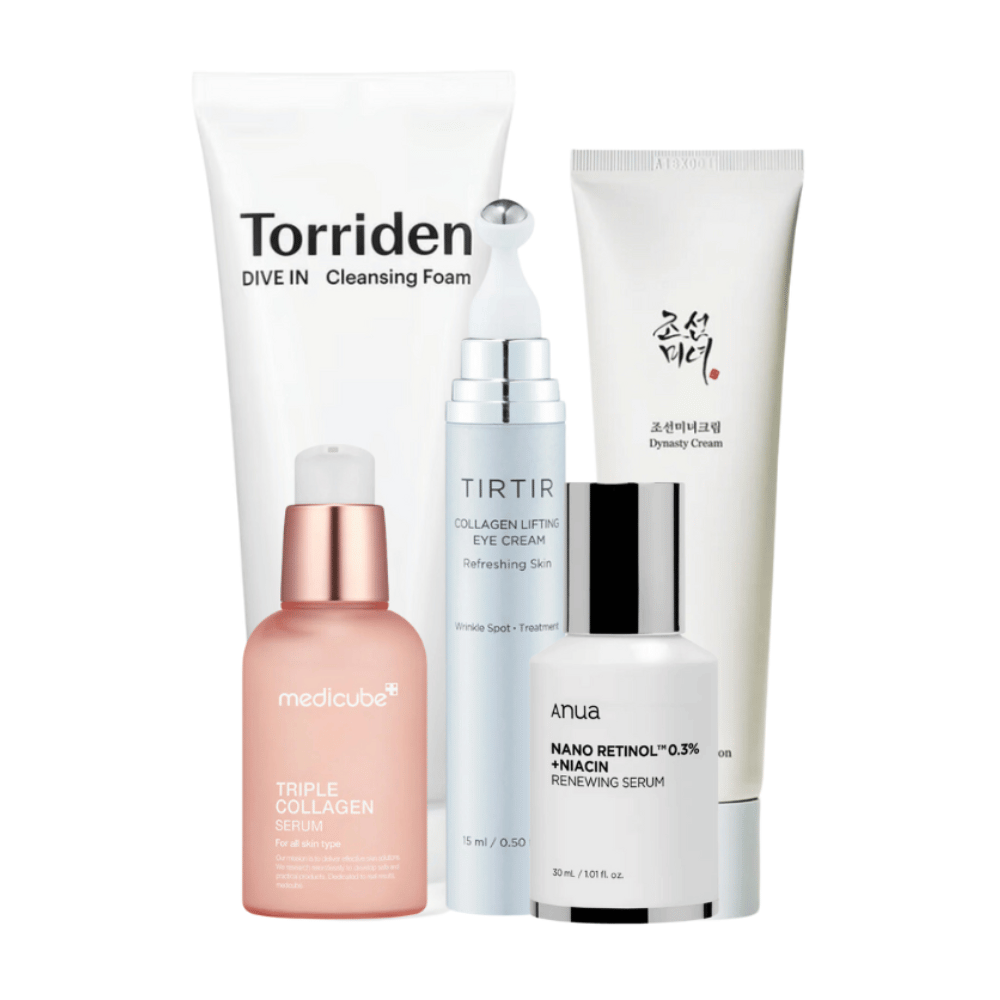 Este set, "Youthful Radiance Anti-Aging Kit", incluye una variedad de productos para el cuidado de la piel para revitalizar y cuidar la piel madura. El set contiene Torriden Dive In Cleansing Foam, Tirtir Collagen Lifting Eye Cream, Medicube Triple Collagen Serum y Anua Nano Retinol 0.3% + Niacin Renewing Serum junto con Beauty of Joseon Dynasty Cream.
