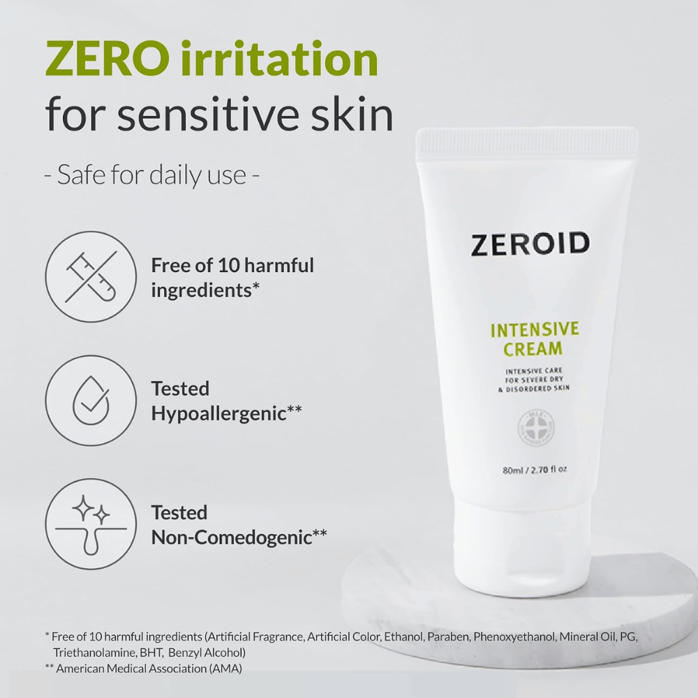 ZEROID Intensive Cream está desarrollada para piel sensible y está libre de diez ingredientes comunes que pueden causar irritación. La crema ha sido probada como hipoalergénica, no comedogénica y es apta para el uso diario.