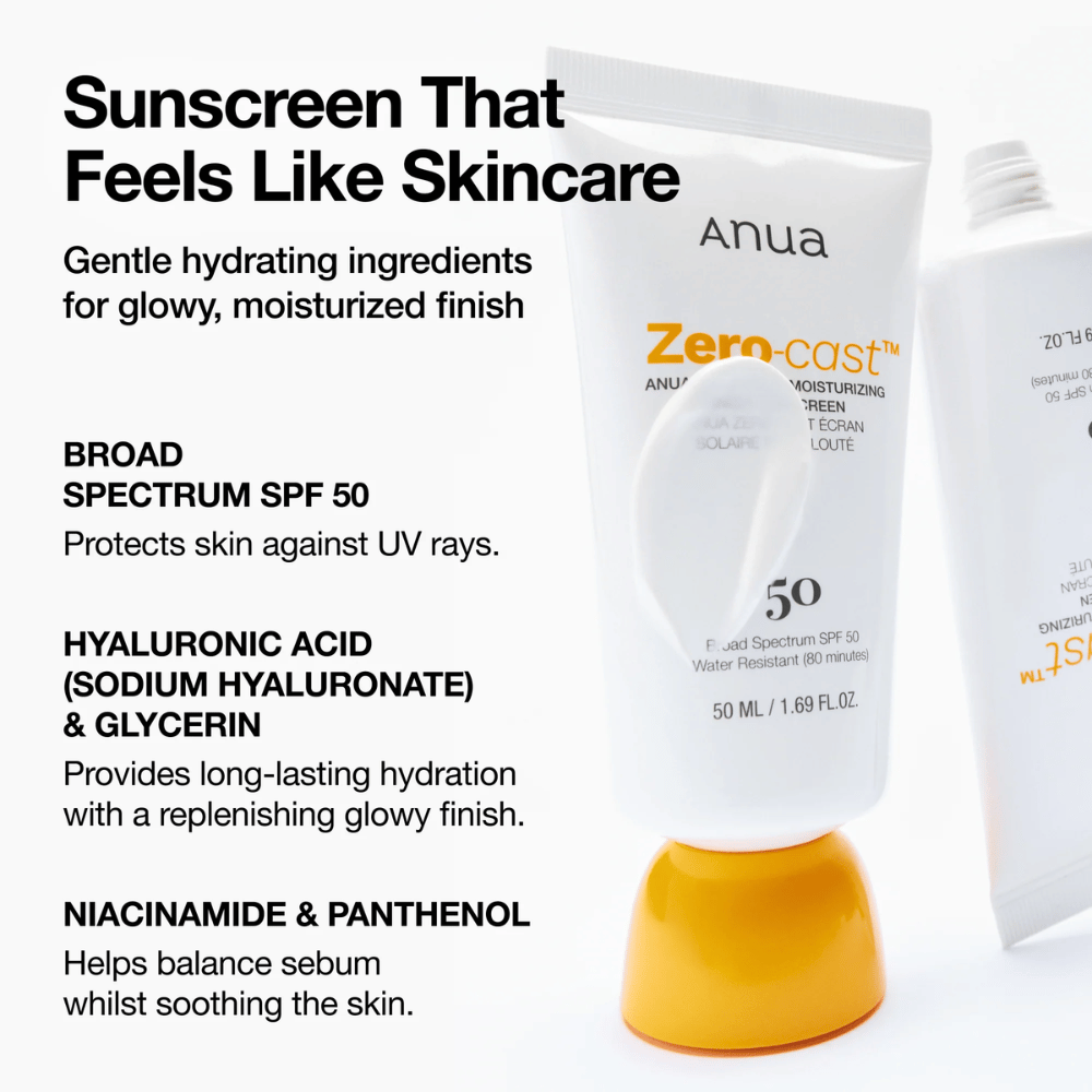Primer plano de ANUA Zero-Cast Moisturizing Sunscreen con SPF 50 – crema solar en tubo blanco con tapa naranja, mostrando texto sobre ingredientes como ácido hialurónico, niacinamida y pantenol para una piel hidratada y protegida.