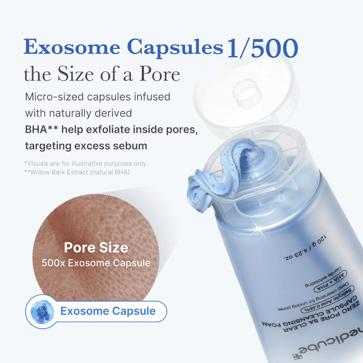 Medicube Zero Pore Capsule Cleansing Foam con cápsulas de exosomas y BHA que disuelven el sebo y limpian los poros sin obstruir la piel.