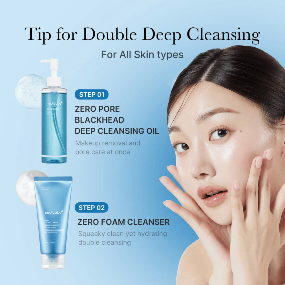 Imagen publicitaria de Medicube doble limpieza con Zero Pore Blackhead Deep Cleansing Oil y Zero Foam Cleanser, junto con una mujer que muestra su piel limpia e hidratada.