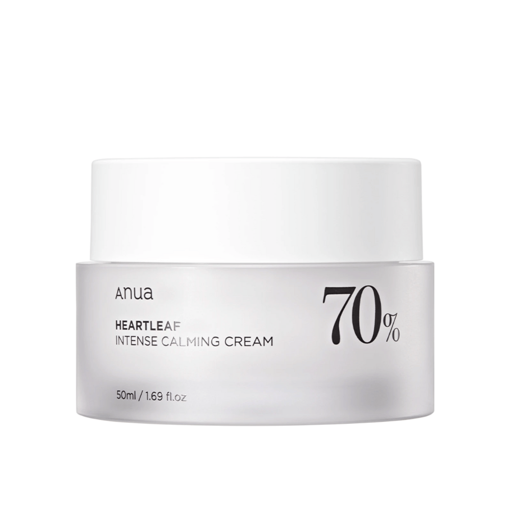 Tarro blanco con "Anua Heartleaf Intense Calming Cream" con la marca "70%", marcado con un volumen de "50ml/1.69 fl.oz."