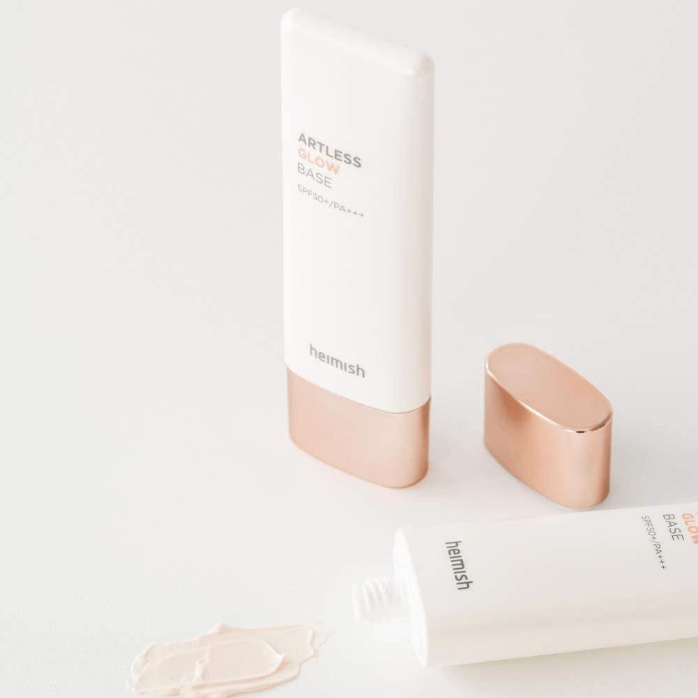 Un tubo de heimish Artless Glow Base SPF 50+ PA+++ 40ml de protector solar.