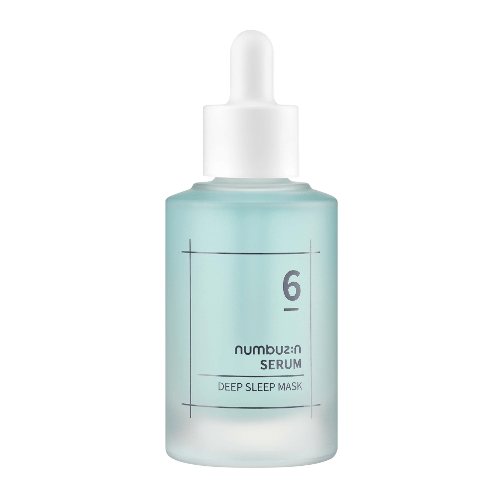 numbuzin No. 6 Deep Sleep Mask Serum en botella azul esmerilada con pipeta, diseñada para el cuidado de la piel profundamente hidratante.