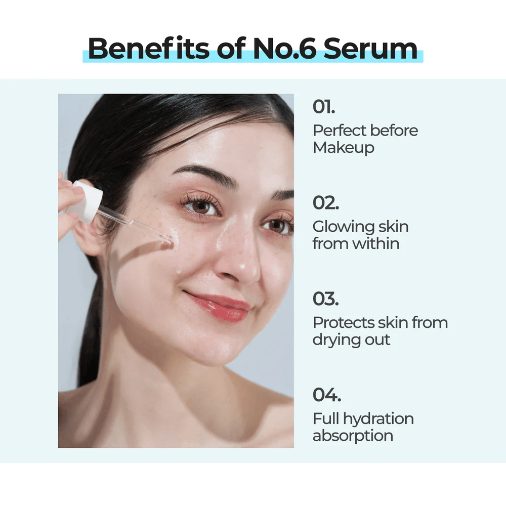 Mujer aplica numbuzin No. 6 Deep Sleep Mask Serum con pipeta, que da brillo, protege contra la sequedad y es completamente absorbido por la piel.