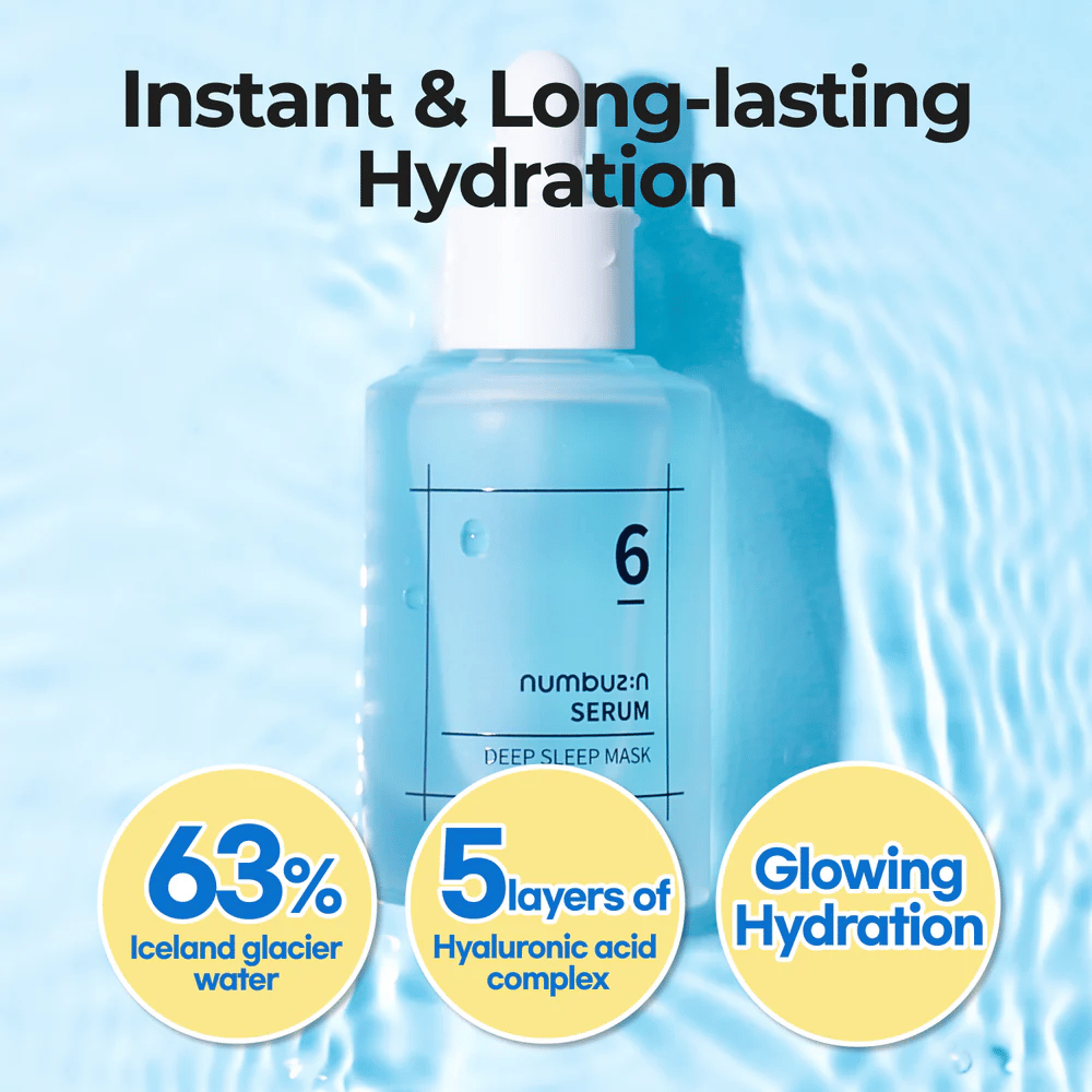 numbuzin No. 6 Deep Sleep Mask Serum con 63% de agua glaciar y 5 capas de ácido hialurónico, para una hidratación intensa y duradera.