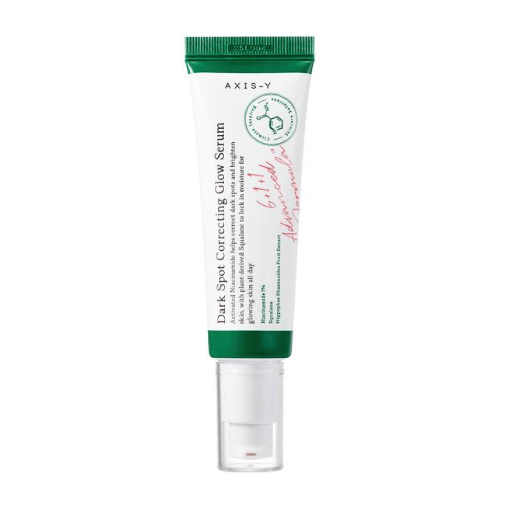 Un tubo Dark Spot Correcting Glow Serum 50ml de AXIS - Y sobre fondo blanco.