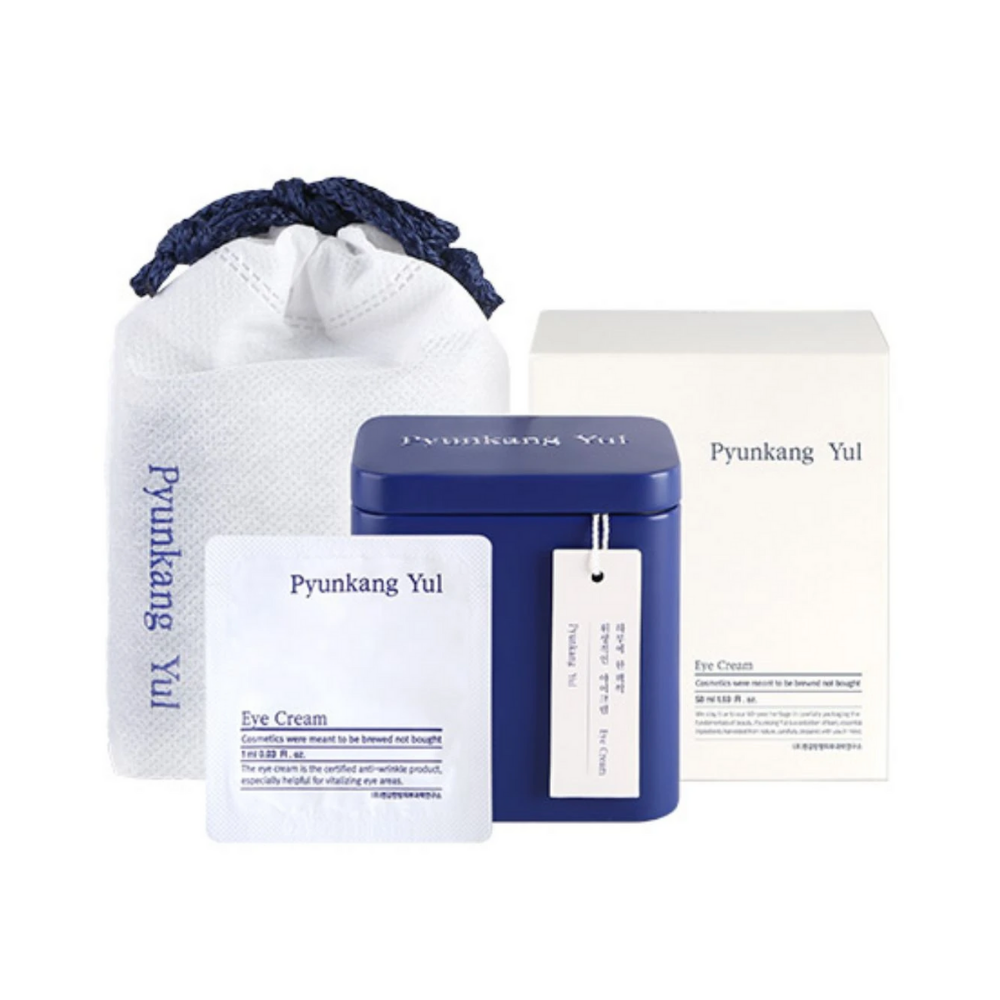 Un paquete con una bolsa azul y una caja blanca para Pyunkang Yul Eye Cream 1ml x 50st.