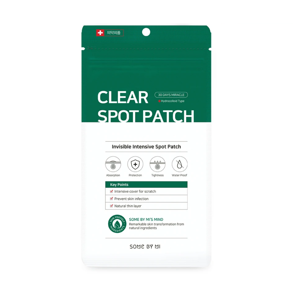 Un Some By Mi 30 Days Miracle Clear Spot Patch (18st) sobre fondo blanco para el acné con capacidad de absorber líquidos de heridas.