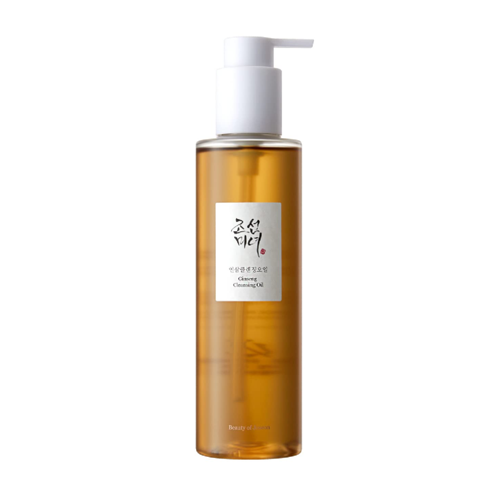 Una botella Beauty of Joseon Ginseng Cleansing Oil 210ml sobre fondo blanco, con aceite de semilla de ginseng.