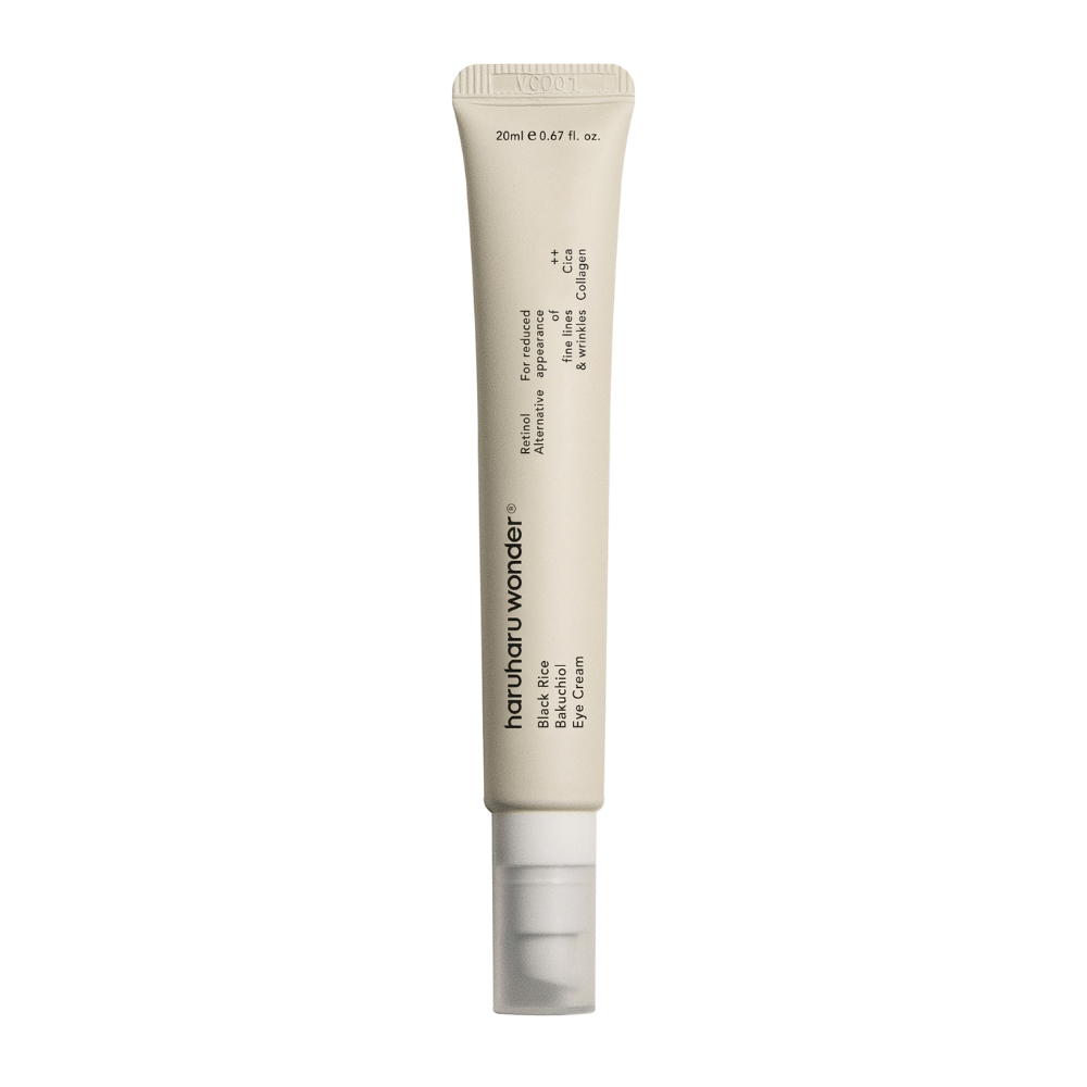 Un tubo Haruharu Wonder Black Rice Bakuchiol Eye Cream 20ml sobre fondo blanco para reducir la visibilidad de líneas finas y arrugas.