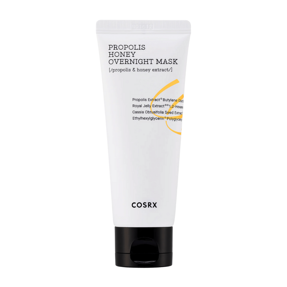 Un tubo blanco con Full Fit Propolis Honey Overnight Mask 60 ml con un fondo blanco infundido con extracto de propóleo de COSRX.