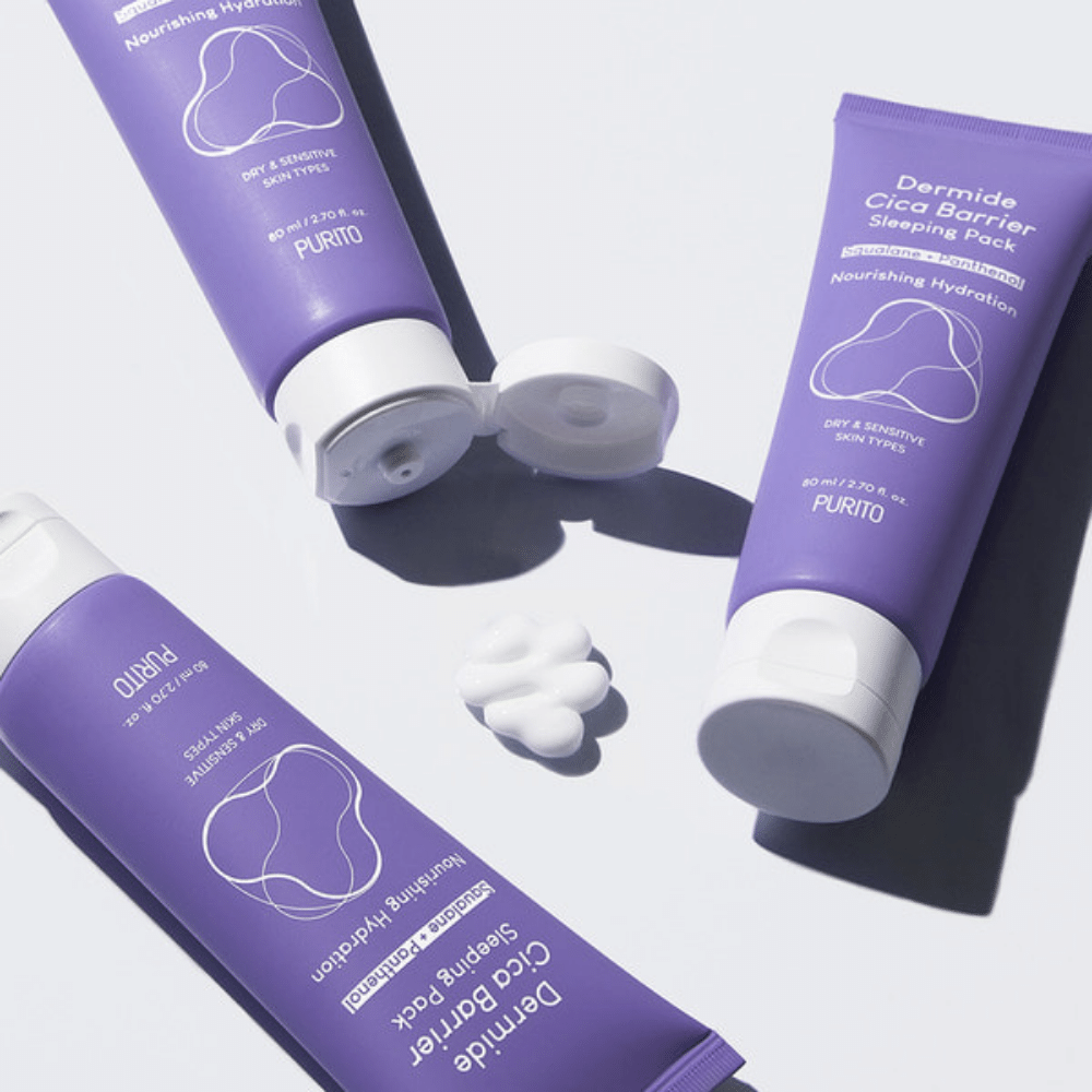 Dos tubos PURITO Dermide Cica Barrier Sleeping Pack 80ml sobre una superficie blanca.
