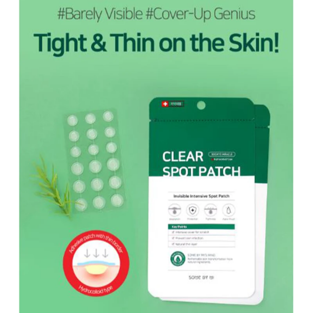 Un 30 Days Miracle Clear Spot Patch blanco (18st) sobre un fondo claro, adecuado para manejar el acné y el exudado de heridas. Marca: SOME BY MI