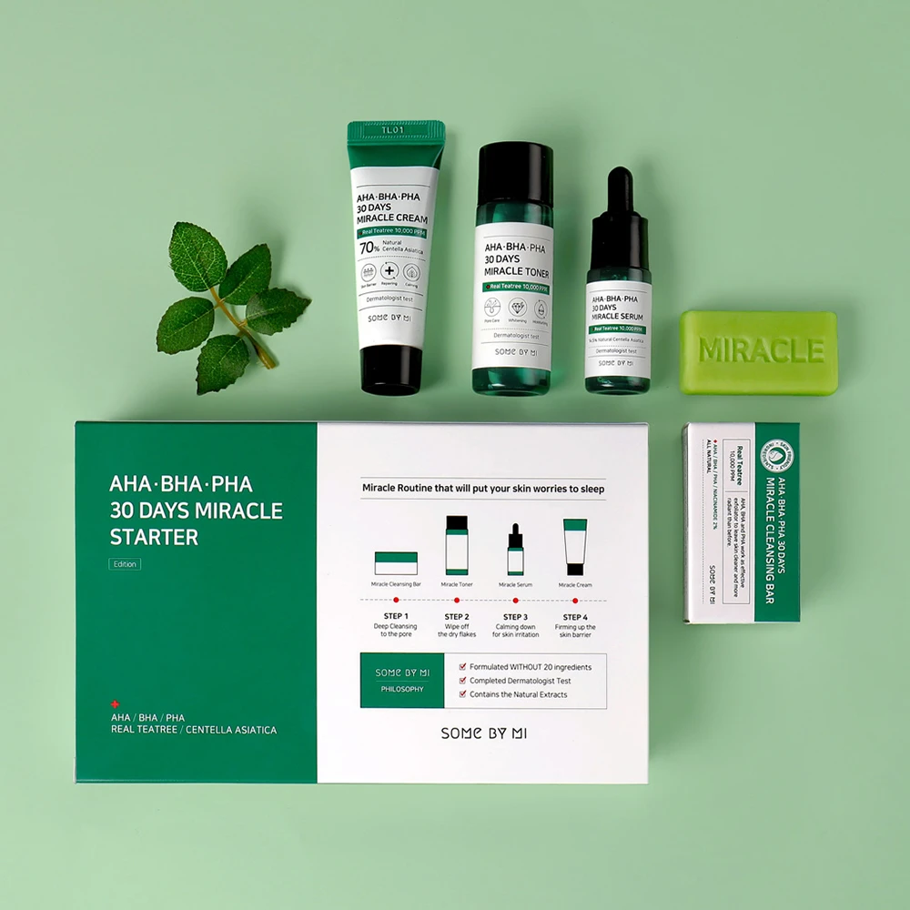 El/la AHA, BHA, PHA 30 Days Miracle Starter Limited Set de SOME BY MI es un/a K-beauty cuidado de la piel coreano con Tea Tree y AHA BHA PHA.