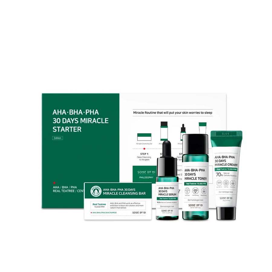 En uppsättning av SOME BY MI AHA, BHA, PHA 30 Days Miracle Starter Limited Set med en grön låda.