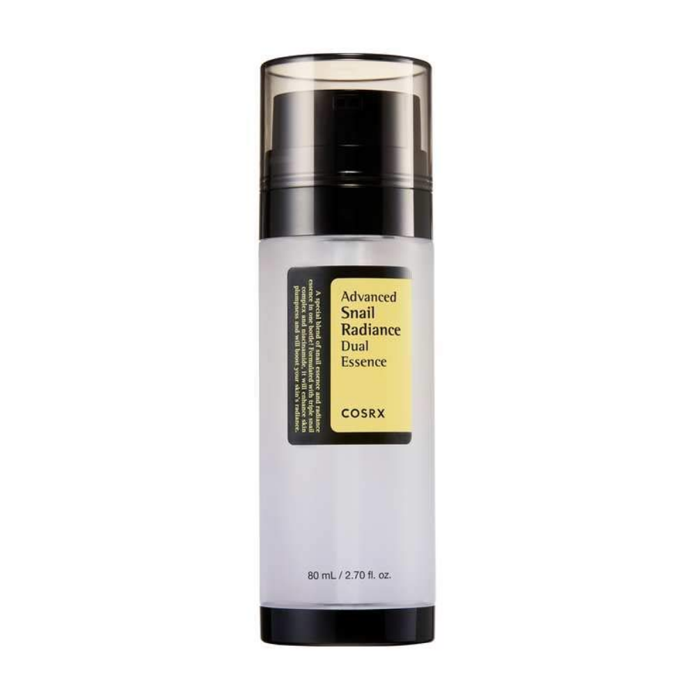 COSRX Advanced Snail Radiance Dual Essence 80ml ayuda a reducir el acné y promueve una piel clara con su complejo triple de caracol y niacinamida.