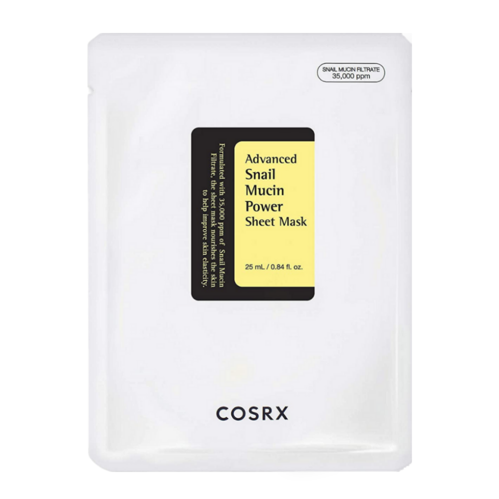 COSRX Advanced Snail Mucin Power Sheet Mask en un empaque blanco con etiqueta negra y amarilla, enriquecido con 35,000 ppm de secreción de caracol para hidratación, reparación y mejor elasticidad de la piel.