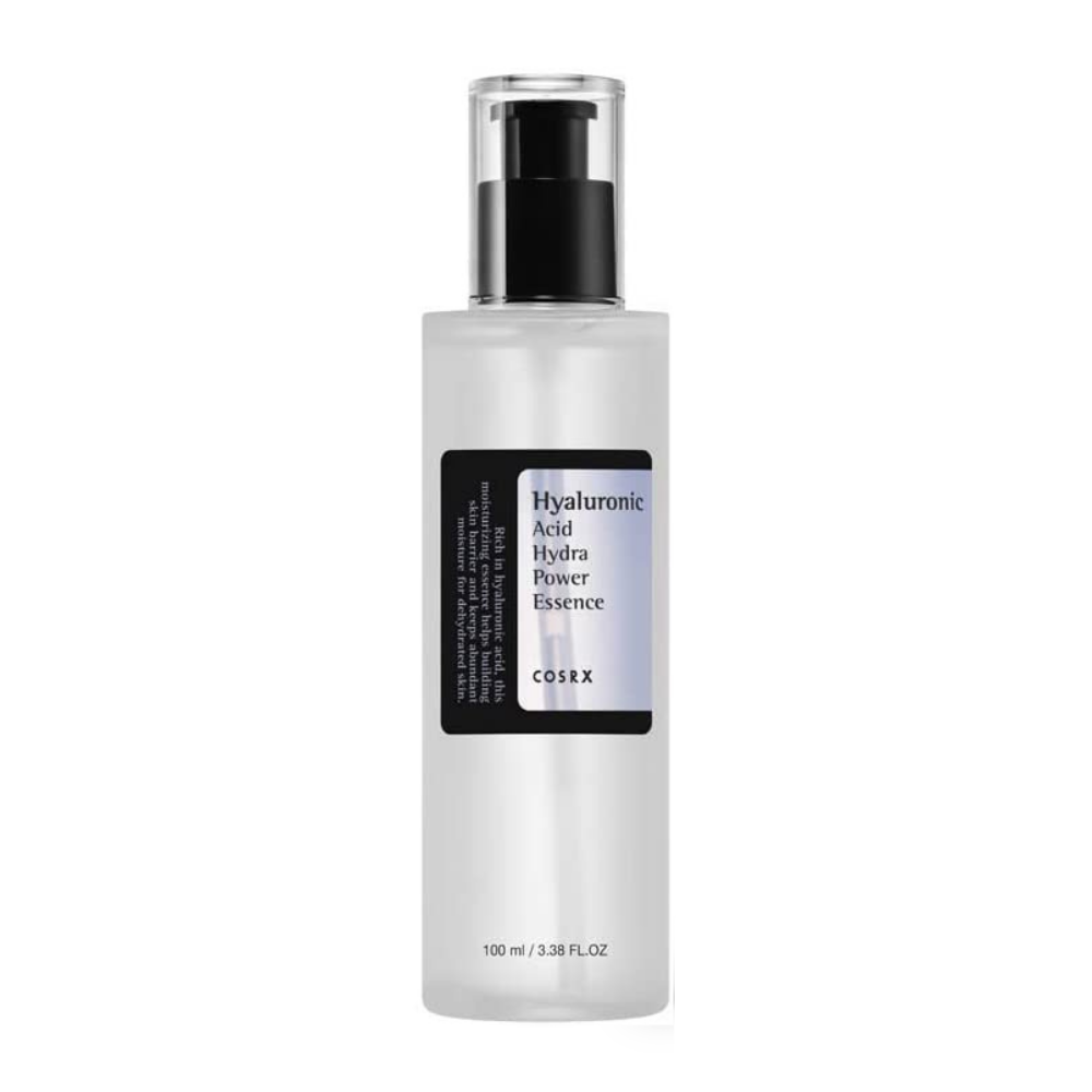 Un COSRX Hyaluronic Acid Hydra Power Essence de 100 ml con efectos hidratantes.