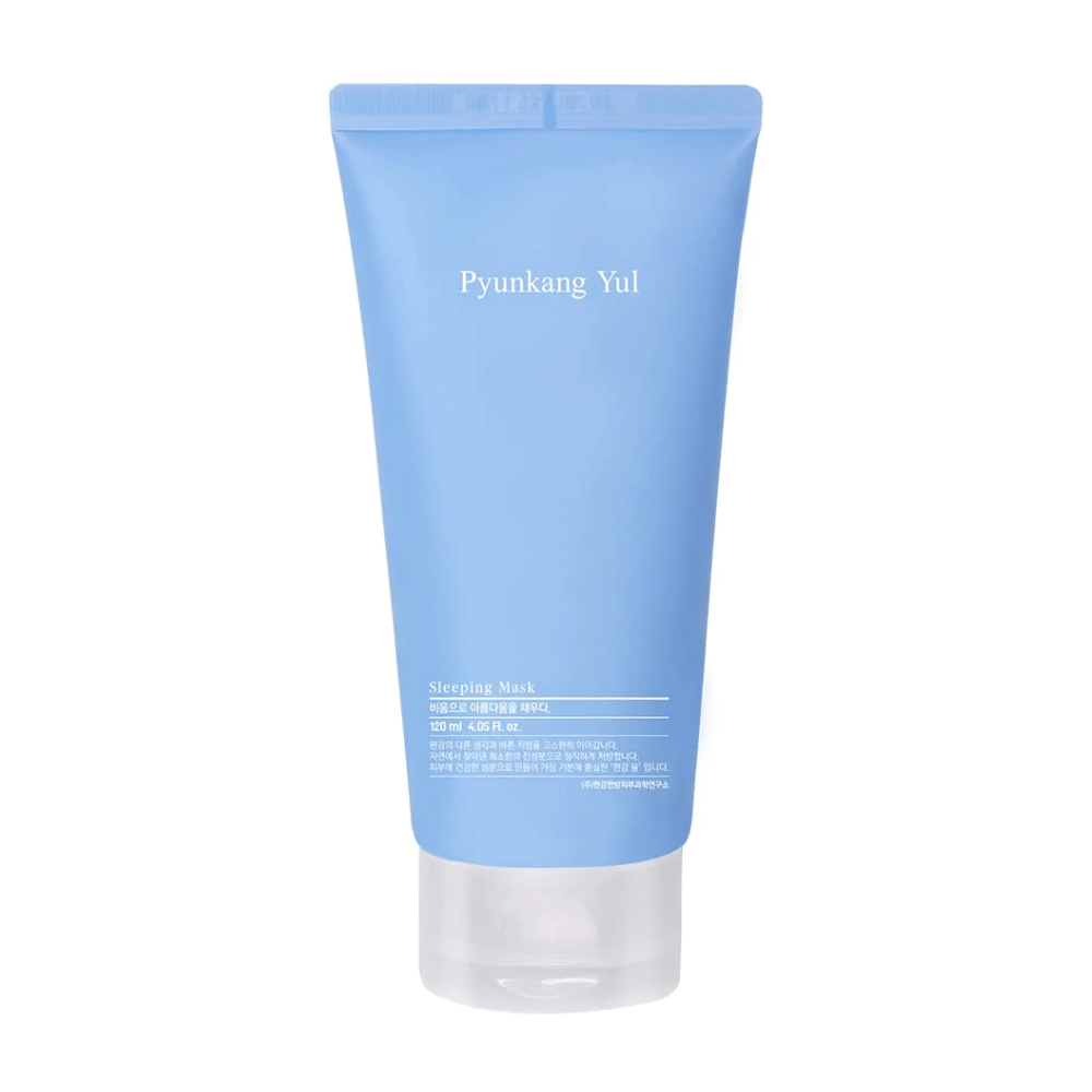 Un tubo de la crema con infusión de ácido hialurónico de Pyunkang Yul Pyunkang Yul Sleeping Mask 120ml sobre fondo blanco para una piel hidratada.